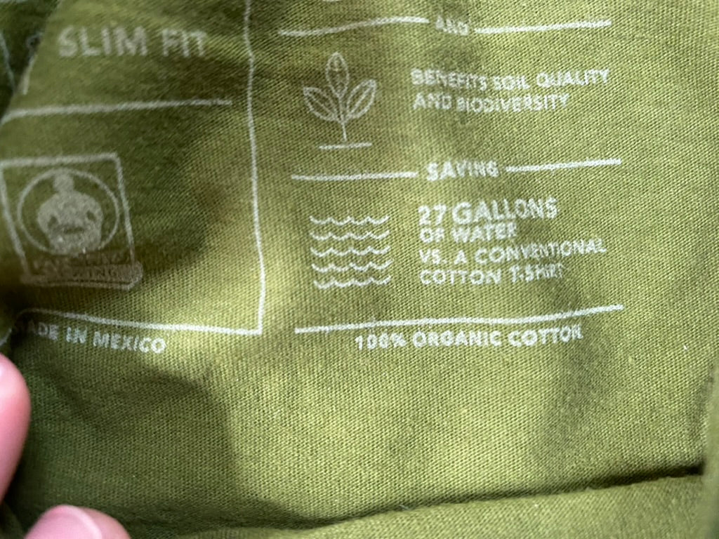 Patagonia Men’s Organic Cotton Shirt – Slim Fit Medium, Green Bear Logo (Used, Repaired Hem)