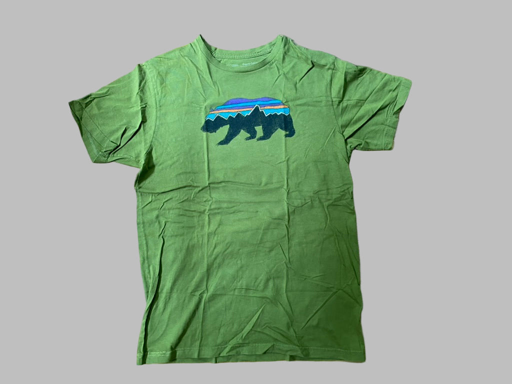 Patagonia Men’s Organic Cotton Shirt – Slim Fit Medium, Green Bear Logo (Used, Repaired Hem)