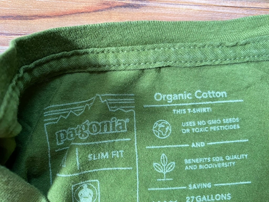 Patagonia Men’s Organic Cotton Shirt – Slim Fit Medium, Green Bear Logo (Used, Repaired Hem)