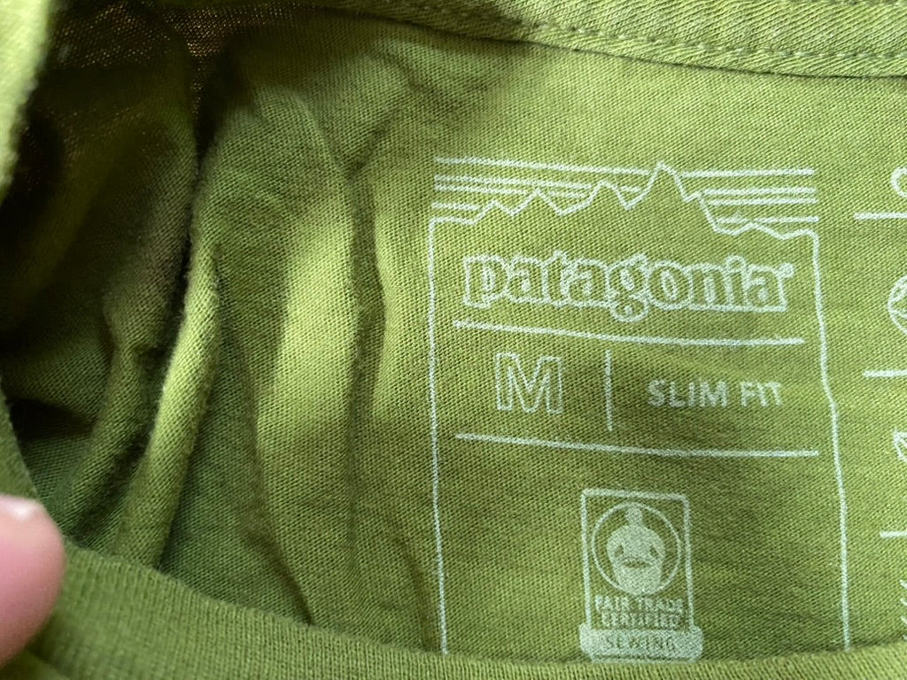 Patagonia Men’s Organic Cotton Shirt – Slim Fit Medium, Green Bear Logo (Used, Repaired Hem)
